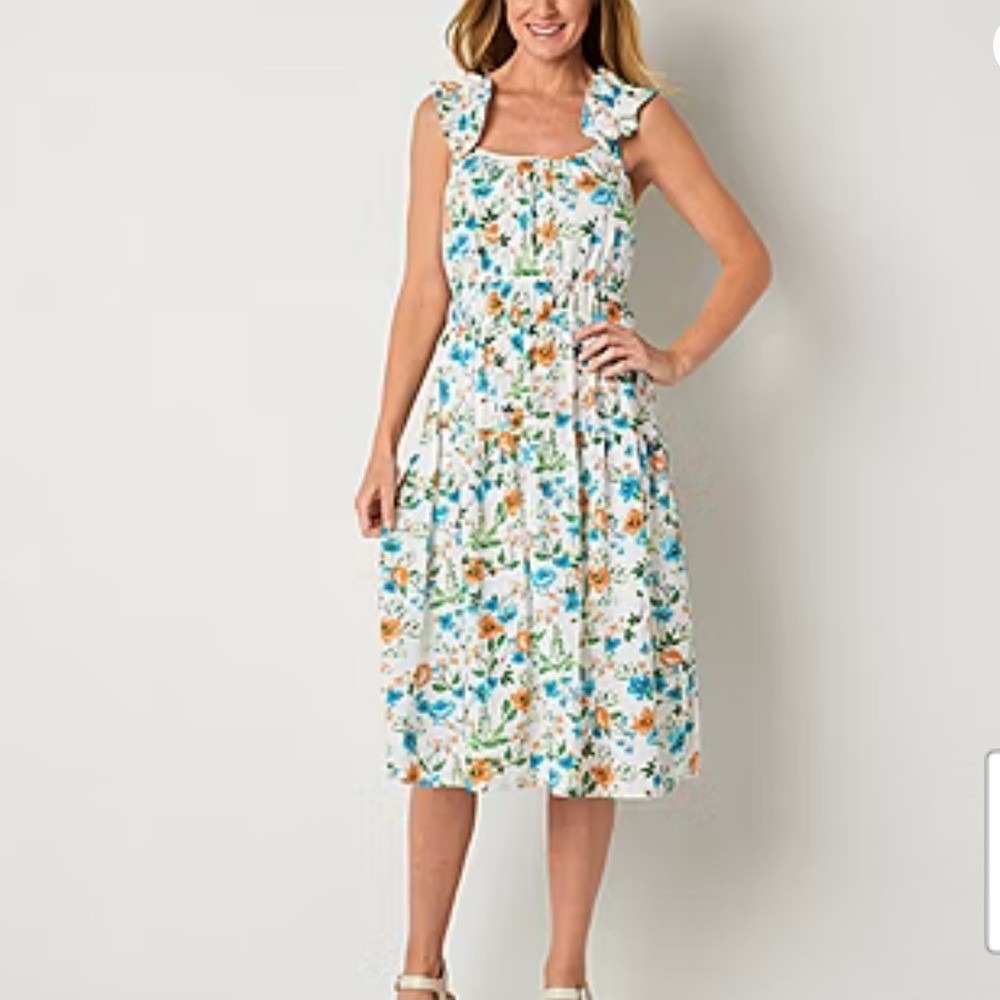 Peyton & Parker Floral Midi Dress White Blue Orange Cotton Smocked Waist Medium